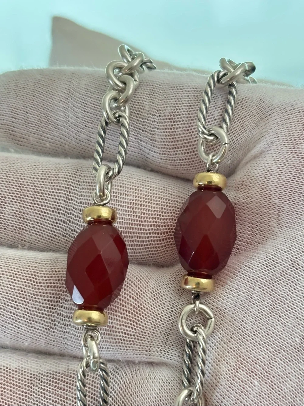 David Yurman 925 & 18k Gold Bijoux Station Necklace with Carnelian 34